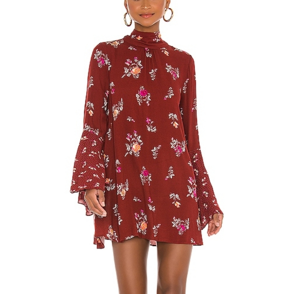 Free People Tate Boho Vintage Burgundy Floral Bell Sleeve Mini Dress XS